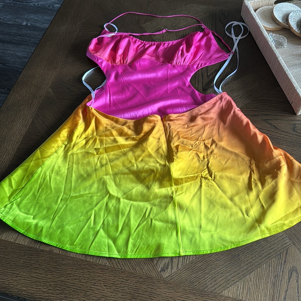 Retrofete One-Shoulder Ombre Satin Mini Dress in Pink-Orange-Green - Picture 10 of 12